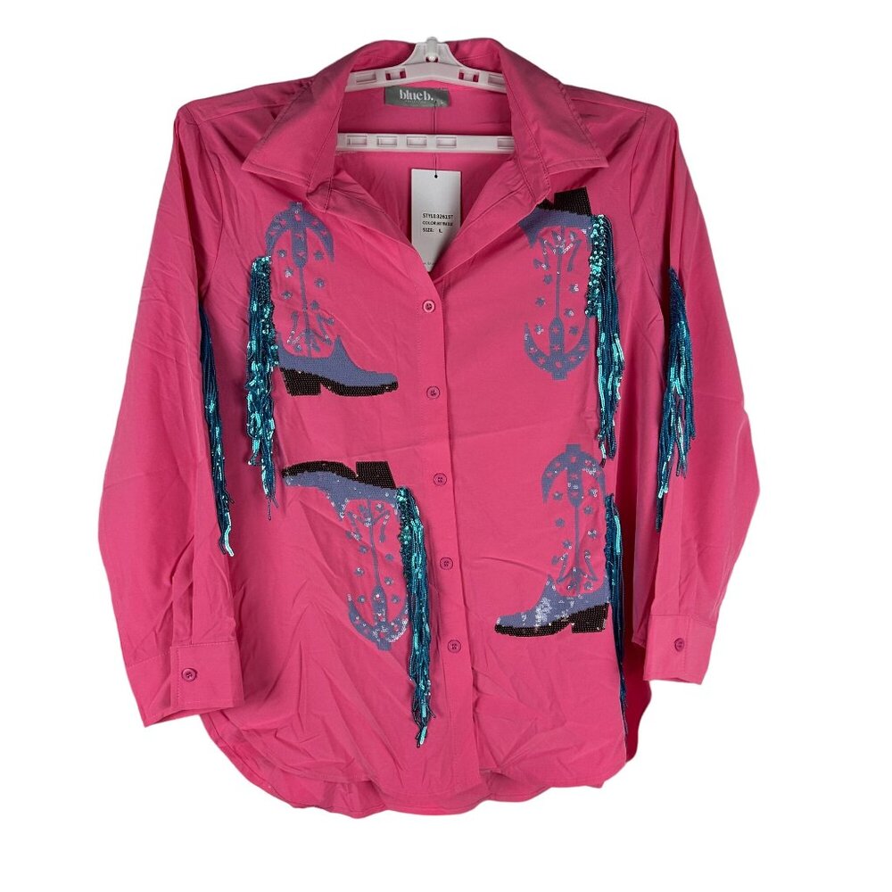 Blue b. Collection Hot Pink Western Shirt With Sequin Fringe & Boot Print Size L - Picture 1 of 8